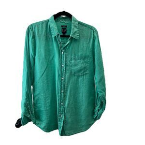 Gap Boyfriend Shirt Women S Green 100% Linen Long Sleeve Button Up Coastal Beach